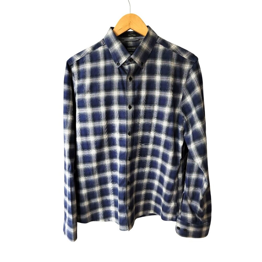 Nordstrom Mens Trim Fit Long Sleeve Blue & White Plaid Button-Up Shirt 100% Cott - Picture 1 of 5